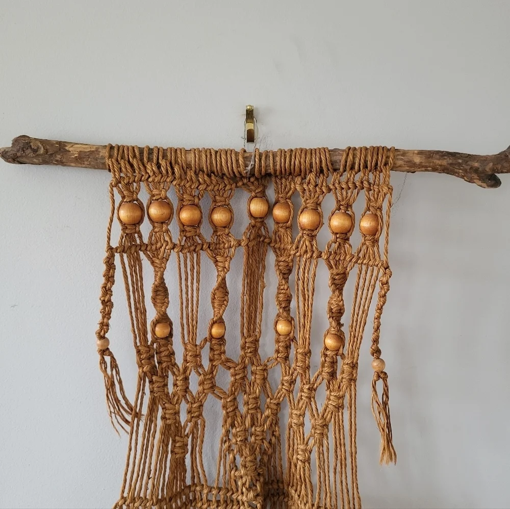 Vintage 70's Handmade Macrame Wall Hanging in Natural Tan With Beading